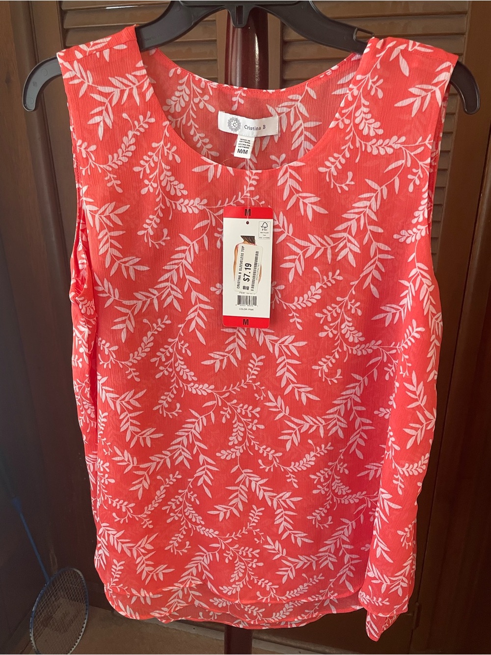 Cristina b Coral Sleeveless Leaf-Print Top( size: M) NWT